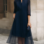 Mandarin Collar Sheer Overlay Midi Dress