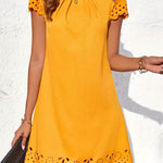 Loose Short Sleeves Hollow Pleated Solid Color Split-Joint Round-Neck Mini Dresses