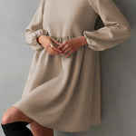 Loose Puff Sleeves Elasticity Pleated Solid Color Split-Joint Round-Neck Mini Dresses