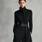 Women's Black Elegant Wool - Blend Turtleneck Belted Maxi Coat