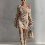 Women's Beige Cable Knit Off-the-Shoulder Fashion Mini Dress
