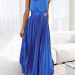 Beaming Smile Satin Halter Neck Pleated Midi Dress