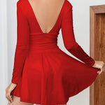 A-Line Elasticated Waist Backless Pleated Solid Color Split-Joint Deep V-Neck Mini Dresses