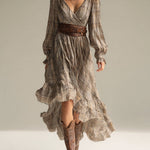 Women's Beige - Plaid Bohemian Chiffon Ruffled Midi Dress
