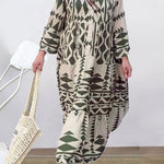 A-Line Long Sleeves Buttoned Contrast Color Pleated Printed Split-Joint Stand Collar Maxi Dresses Shirt Dress
