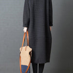 Loose Solid Color Split-Joint With Pocket Round-Neck Long Sleeves Midi Dress