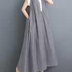 Cap Sleeve Loose Buttoned Striped Lapel Maxi Dresses Shirt Dress