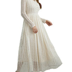 High Waisted Long Sleeves Buttoned Gauze See-Through Solid Color V-Neck Maxi Dresses