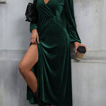 High Waisted Long Sleeves Solid Color Split-Side Tied Waist Velvet Deep V-Neck Maxi Dresses