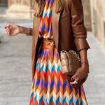 A-Line Long Sleeves Contrast Color Elasticity Pleated Stand Collar Midi Dresses