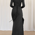 Bodycon High Waisted Asymmetric Pleated Ruffled Solid Color Split-Joint Round-Neck Maxi Dresses