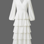 A-Line High Waisted Layered Solid Color V-Neck Maxi Dresses
