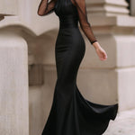 Elasticated Waist High Waisted Pleated See-Through Solid Color Split-Joint Halter-Neck Maxi Dresses