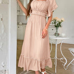 A-Line High Waisted Pleated Ruffle Trim Split-Joint Zipper Square-Neck Midi Dresses