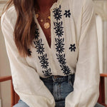 White Floral Embroidered Frill V Neck Puff Sleeve Blouse