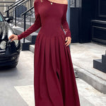 High Waisted Long Sleeves Pleated Solid Color Split-Front One-Shoulder Maxi Dresses