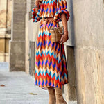 A-Line Long Sleeves Contrast Color Elasticity Pleated Stand Collar Midi Dresses