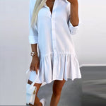 Long Sleeves Loose Buttoned Pleated Solid Color Split-Joint Lapel Mini Dresses Shirt Dress