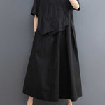 Loose Short Sleeves Pleated Solid Color Split-Joint V-Neck Midi Dresses