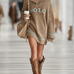 Women's Loose Letter Jacquard Zipper Lapel Mini Knit Dress