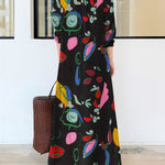 Long Sleeves Loose Buttoned Pockets Printed Lapel Maxi Dresses Shirt Dress