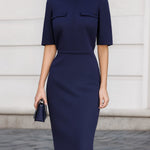 Refined Navy Mandarin Collar Sheath Midi Dress