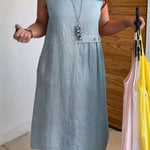 Linen Blend Solid Color Round Neck Sleeveless Loose Pocket Midi Dress