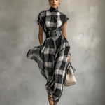 Women's Plaid Cotton Blend High Collar Short Sleeve Belt Maxi Dress