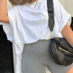 WASHED ROLL UP SLEEVE STUDDED OVERSIZED TEE