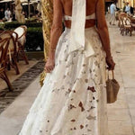 Sevilla Sun Embroidery Crochet Flowers Cutout Waist Halter Backless Maxi Dress