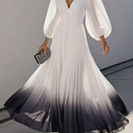 A-Line High Waisted Gradient Pleated V-Neck Maxi Dresses