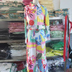 Contrast Color Printed Long Sleeves Buttoned Lapel Blouses Top+ High Waisted Pants Bottom Two Pieces Set