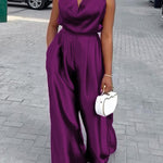 Loose Sleeveless Solid Color Deep V-Neck Jumpsuits