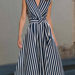 Sleeveless Wrap-Style Midi Dress With Vertical Stripe Pattern