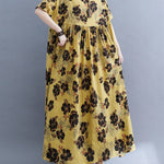 Loose Short Sleeves Pleated Printed Split-Joint Round-Neck Midi Dresses