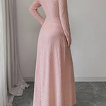 High Waisted Long Sleeves Pleated Solid Color Deep V-Neck Maxi Dresses