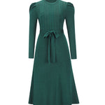 High Waisted Long Sleeves Solid Color Tied Waist Round-Neck Midi Dresses Sweater Dresses