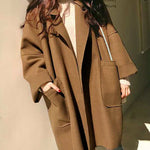 Long Sleeves Loose Buttoned Pockets Solid Color Split-Joint Notched Collar Woolen Coat