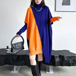 Batwing Sleeves Hipster Asymmetric Contrast Color Split-Joint High-Neck Midi Dresses Sweater Dresses