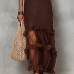 Bohemian Knitted Straight-cut Maxi Dress With Mesh Hem