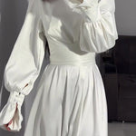 A-Line Long Sleeves Pleated Solid Color Tied Waist Zipper Mock Neck Maxi Dresses