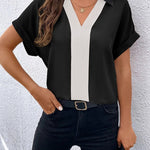 Loose Short Sleeves Contrast Color V-Neck T-Shirts Tops