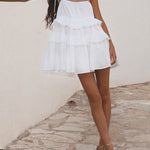 A-Line High Waisted Backless Layered Pleated Solid Color Spaghetti-Neck Mini Dresses