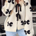Bow Tie Round Neck Long Sleeve Knitted Cardigan