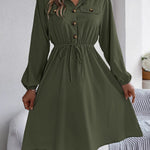 A-line Long Sleeves Buttoned Pleated Solid Color Tied Lapel Midi Dresses Shirt Dress
