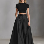 Women's Black Stretch-Knit & Woven Set With Cropped Top & Maxi Dress, Timeless Sleek-Chic Style Set
