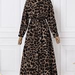 High Waisted Long Sleeves Buttoned Leopard Lapel Maxi Dresses