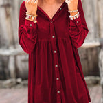 Long Sleeve Ruffle Velvet Button Up Shirt Dress