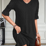 A-Line Flared Sleeves Elasticity Jacquard Pleated Solid Color Split-Joint V-Neck Mini Dresses