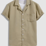 Men's Solid Color Textured Waffle Cuban Collar Short Sleeve Shirt